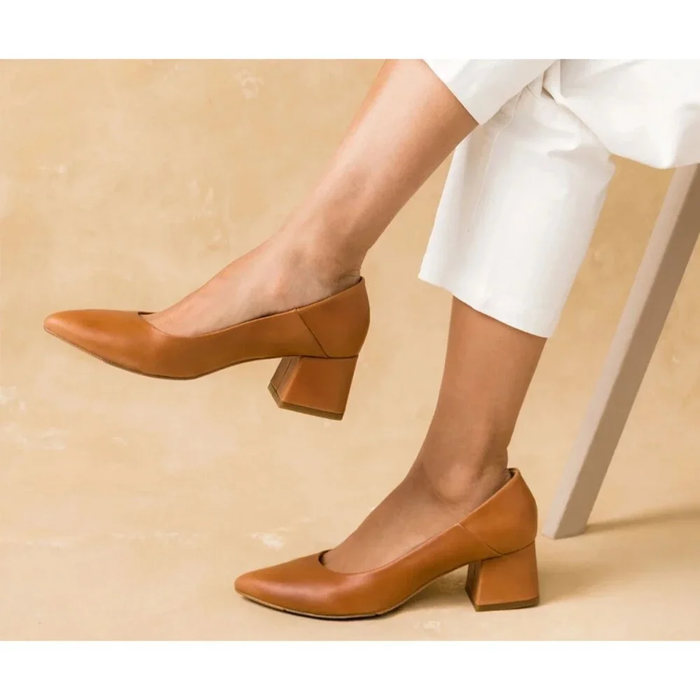 Nisolo Women's Leather Fiorela‎ Go-To Mid Block Heels Shoes $180 Caramel NIB